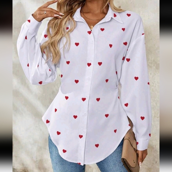 Women's Elegant French Style Heart Print Long Sleeve Shirt,Valentine's Day - Picture 1 of 5